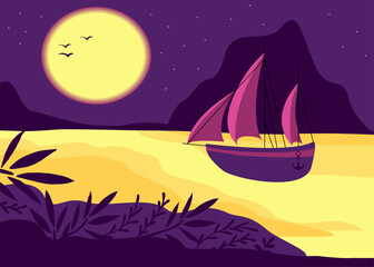 Boat ship at sea at night under the moon. Abstract landscape, minimal nature background at sunset, mountains, starry sky, moon, sea. Vector illustration in flat style, wall decor, wallpaper, poster