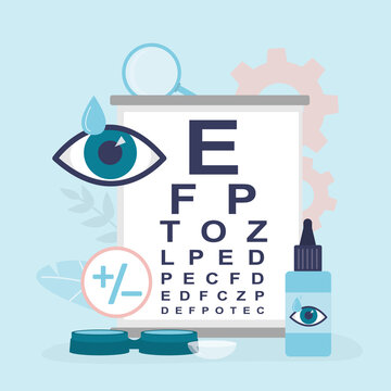 Ophthalmological tools for vision testing. Examination by optician. Vision correction and healthcare, concept banner. Snellen Eye Chart and medical equipment.