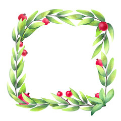 Square frame with green leaves and ripe juicy pomegranate fruit whole and halves, watercolor botanical illustration isolated on white background for greeting card, postcard, invitation