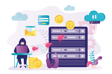 Hacker hacked remote server or datacenter. Anonymous steals passwords, data or money. Hacker attack on cloud storage. Cyber security, crime on internet. Unreliable security system. © Marina