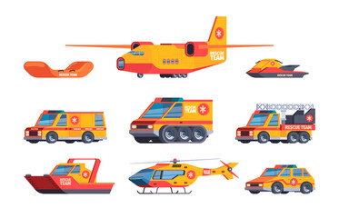 Rescue cars. Accident transport lifeguard service fast ambulance machines flight workers hospital helicopters garish vector flat illustrations set