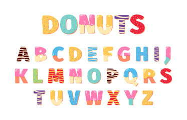 Donuts alphabet. Attraction funny text letters food cake lettering 3d dessert symbols for design menu projects garish vector illustrations alphabet templates