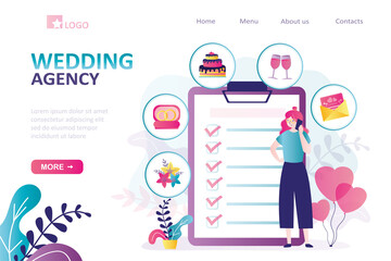 Event manager discusses details of wedding ceremony with clients. Woman provides services for organizing decor, banquets. To-do list with various tasks. Wedding agency, landing page template