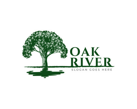 Oak Tree logo design vector template.tree and lake river water reflection