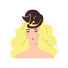 Vector flat illustration isolated on a white background flat illustration portrait of a woman with yellow hair and a cat that sits on her head 