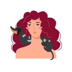 Vector illustration isolated on white background  portrait of a woman and a dachshund who sits on the shoulders of a woman