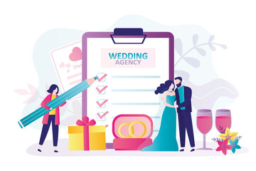 Organizer notes completed cases on checklist. Bride and groom in wedding dress, suit