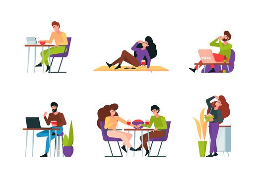 Characters eating. People sitting on table and eating delicious foods different meal restaurant products with nutritions liquids and water garish vector flat pictures