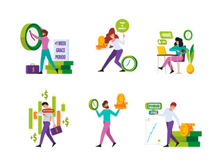 Fototapeta premium Time is money. Business concept with clocks timers currencies visualization investors push money coins capital revenue garish vector flat pictures set