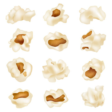 Fluffy popcorn. Fried 3d white corns snacks for movies time decent vector realistic collection set