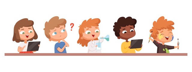 Kids group at desk. Children holding diverse things, chemistry, artist, thinking vector characters