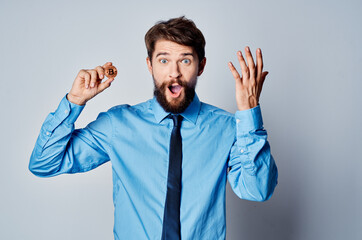 manager with cryptocurrency bitcoin electronic money office