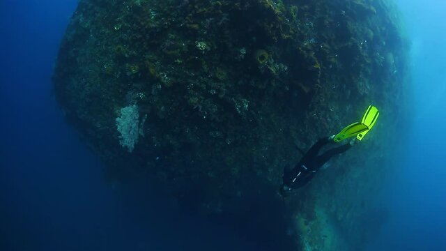 Freediver at USAT Liberty wreck in Bali. Woman freediver swims underwater near the shipwreck and explores the area