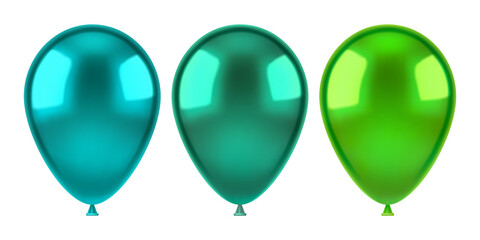 Set of green helium balloons. 3D realistic vector illustration, isolated on white background.