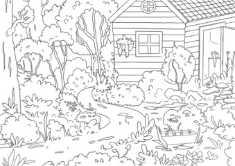 Landscape with garden, trees, flowers, garden house and path. Black and white cartoon vector illustration