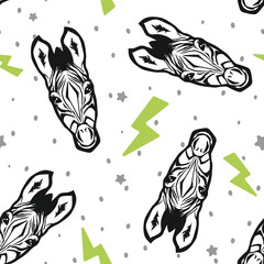 Vector Electric Fun Colorful Zebra Design with Neon Green seamless pattern background. Perfect for fabric, wallpaper and scrapbooking projects.