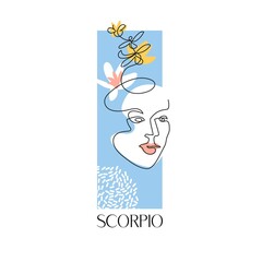 Zodiac sign Scorpio. The symbol of the astrological horoscope. Vector illustration. Portrait of a girl.