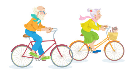 Elderly people on bicycles. Grandfather and grandmother ride bikes. In cartoon style. Isolated on white background. Vector illustration.