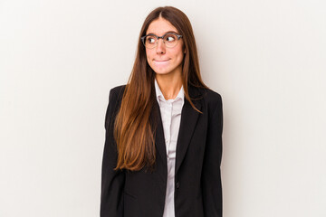 Young caucasian business woman isolated on white background confused, feels doubtful and unsure.