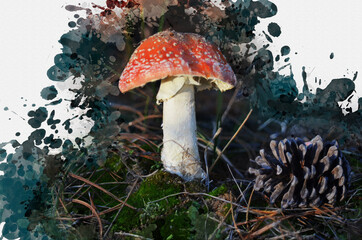Poisonous fly agaric mushroom with a red cap. Grebe fungus, pine