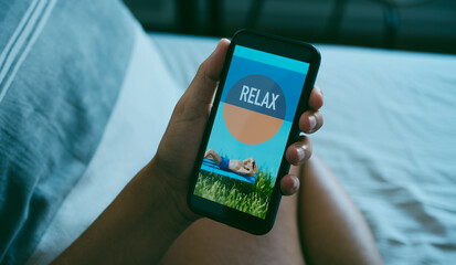 man and text relax in his smartphone, web banner