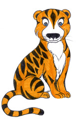 Cute tiger illustration isolated on white. Marker drawing in childish style for kids books and prints. Year 2022 symbol is tiger and can be card and gift boxes design