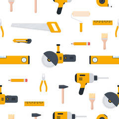Tools icon seamless pattern. Repair, building and work instruments big collection in flat style. Vector isolated on white	