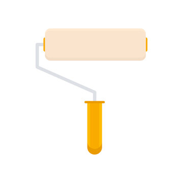 Paint roller flat icon. Repair and built work tool with orange handle. Vector isolated on white.