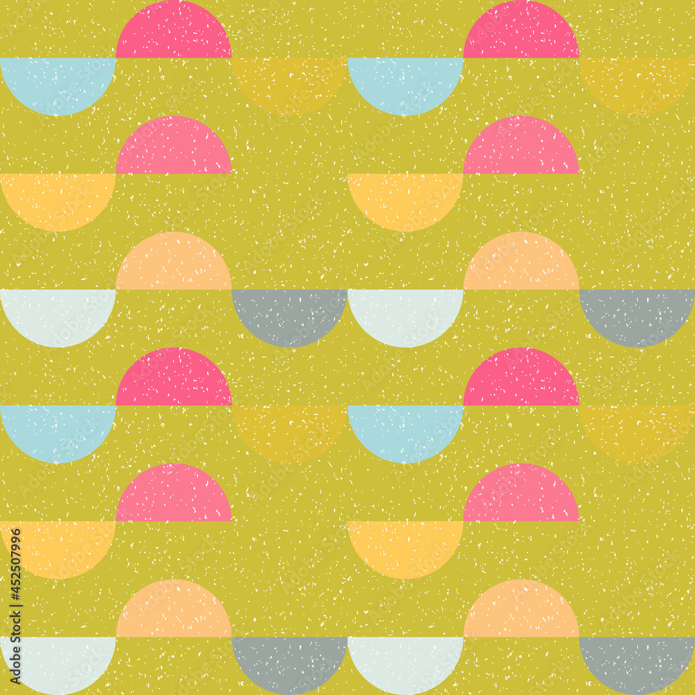 Aufkleber Modern vector abstract seamless geometric pattern with semicircles and circles in retro scandinavian style. Pastel colored colorful shapes with worn out texture .