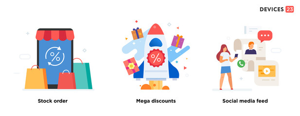 People use gadgets. set of icons, illustration. Smartphones tablets user interface social media.Flat illustration Icons infographics. Landing page site print poster.