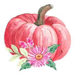 Pumpkin with autumn flowers in watercolor 1