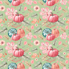 Seamless pattern with autumn pumpkin leaves and flowers 3