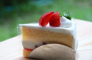 Strawberry layer cake with cream bakery fresh fruit topping individually wrapped, piece by piece