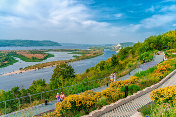 Amazing panorama of the Volga River and the islands on a summer day. Beautiful landscape in Russia