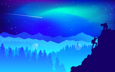 Obraz na płótnie Canvas Northern Lights, Aurora in the Arctic, Night boreal. Travel concept of discovering, exploring, observing nature. Hiking tourism. Adventure. Minimalist graphic flyers. Polygonal flat illustration
