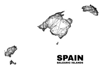 Wire frame irregular mesh Balearic Islands map. Abstract lines form Balearic Islands map. Wire frame flat net in vector format.