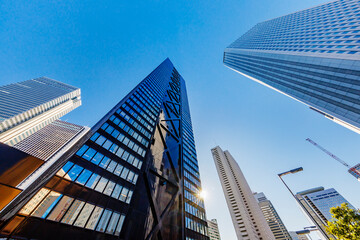 Fototapeta na wymiar 朝の太陽光に照らされた東京の高層ビル群