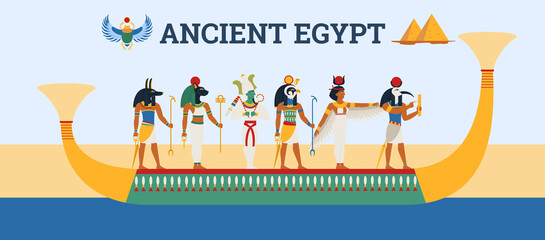 Banner with gods of ancient Egypt floating in boat, flat vector illustration.