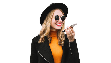 Portrait of happy smiling young woman talking on smartphone using voice command recorder or calling isolated on white background