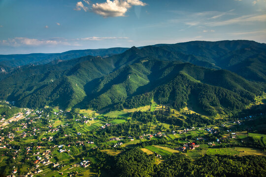 Bistrita Bargaului and the Calimani Mountains seen
  by plane, Romania, August 2020