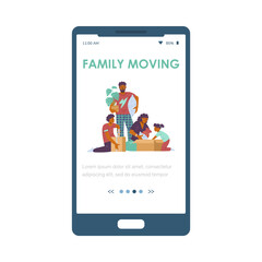 Family moving onboarding mobile app screen design, flat vector illustration.
