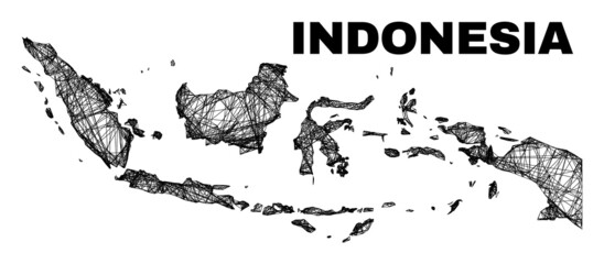 Wire frame irregular mesh Indonesia map. Abstract lines are combined into Indonesia map. Wire carcass flat network in vector format.