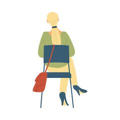 Casual woman with long blonde hair sitting on chair in flat vector illustration