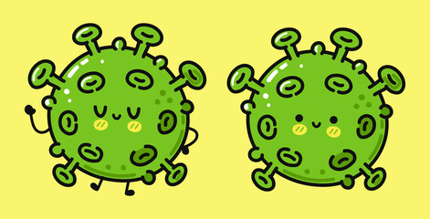 Funny cute happy virus characters bundle set. Vector hand drawn cartoon kawaii character illustration icon. Isolated on white background. Cute virus.