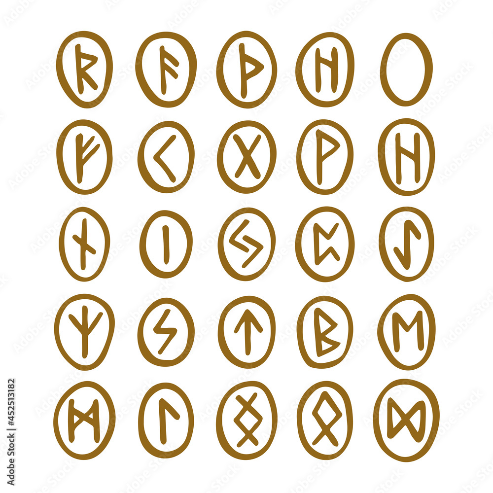 Wall mural scandinavian magic runes. fortune teller, prediction. witchcraft tool. golden coloured ink illustrat