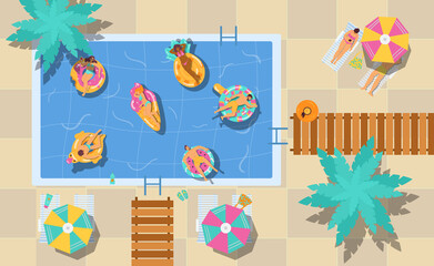 Top view of swimming pool with people lying around, flat vector illustration.