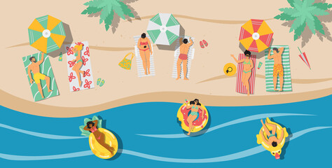 Fototapeta na wymiar Top view of seacoast with people swimming in the sea, flat vector illustration.