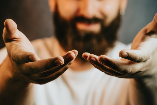 Man Giving Hands To The Camera, Help And Self Help Concept, Mental Health