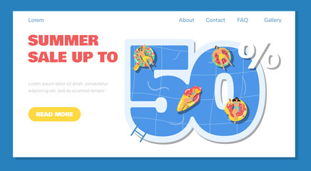 Summer 50 percent sale website banner template, flat vector illustration.