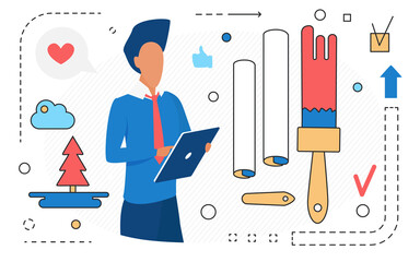 Art studio freelance work, creative design vector illustration. Cartoon designer freelancer character standing with objects to draw line icons overhead, professional artist working isolated on white